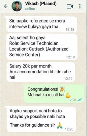 WhatsApp message from Vikash, Service Technician, Cuttack