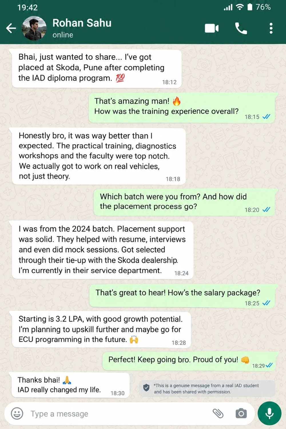 WhatsApp message from Rohan Sahu, Placed at Skoda, Pune