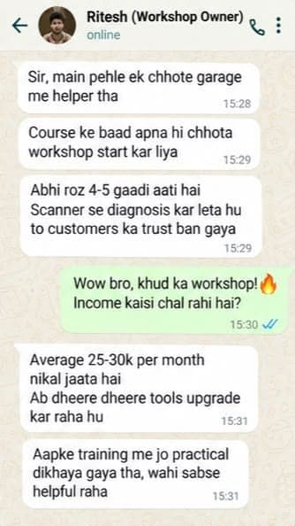 WhatsApp message from Ritesh, Workshop owner