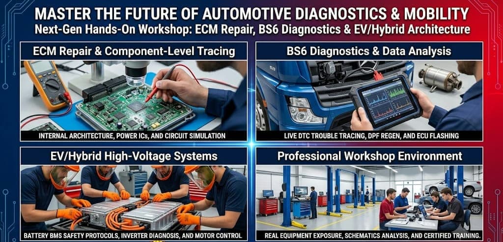 Training overview: ECM repair, BS6 diagnostics, EV and hybrid high-voltage systems, professional workshop